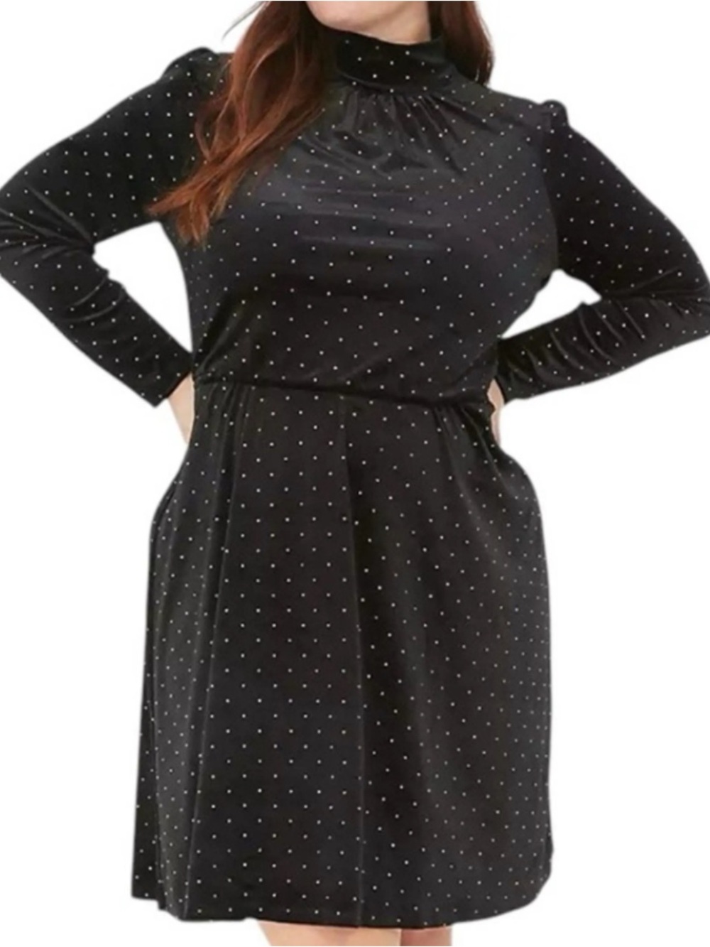 Lane Bryant Black Polka Dot Long Sleeve Dress with High Neck
